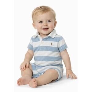 Ralph Lauren Baby Striped Polo Romper 12M Blue White Short Sleeve Pony One Piece